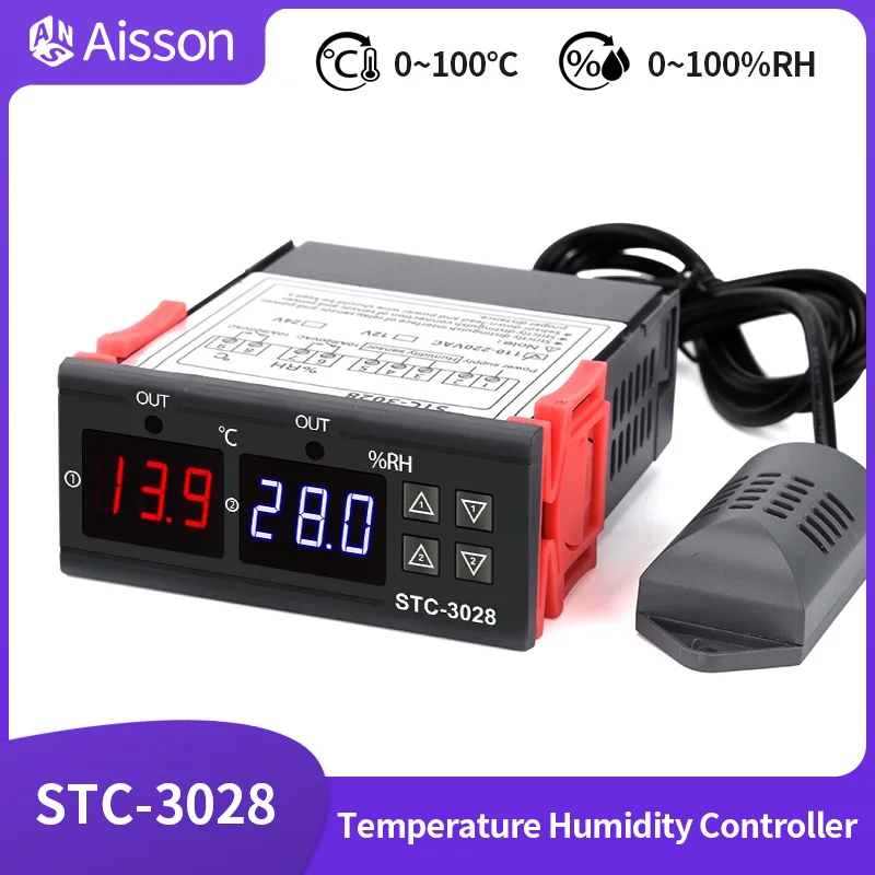 

STC-3028 Dual Digital Thermometer Humidity Temperature Controller Hygrometer Incubator Controller DC12V 24V AC220V NTC Sensor