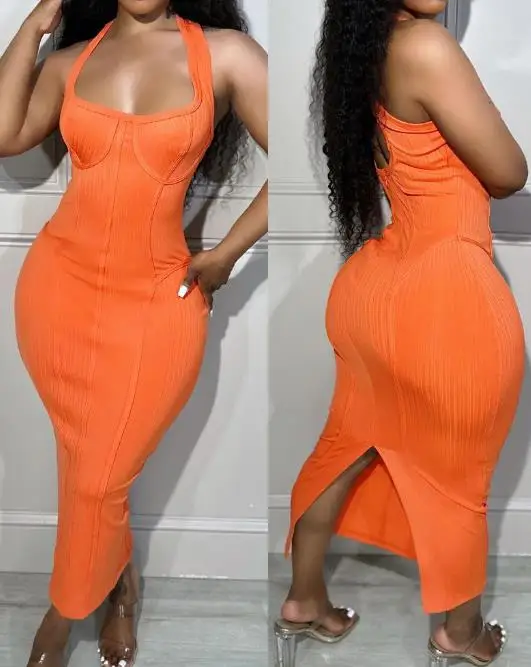 

Sexy Nightclub Party Dresses for Women 2023 Summer New Casual Fashion Orange Hanging Neck Strap Sleeveless Tight Dress Y2K