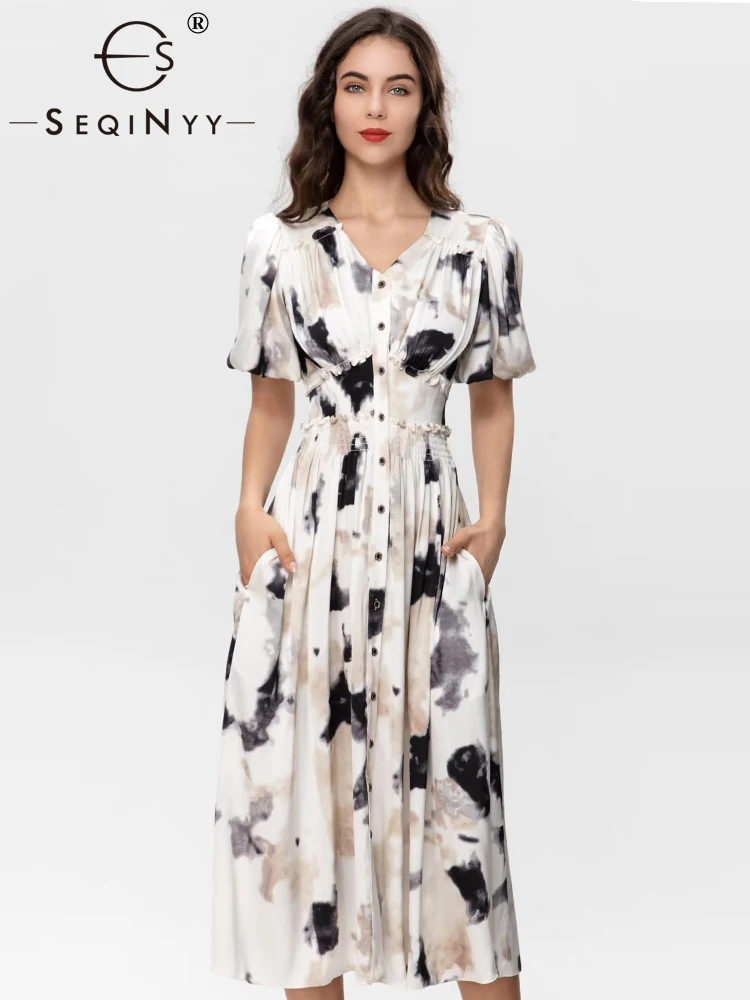 SEQINYY Casual Midi Dress Summer Spring New Fashion Design Women Runway High Street Elestic Waist A-Line Ink Print Elegant