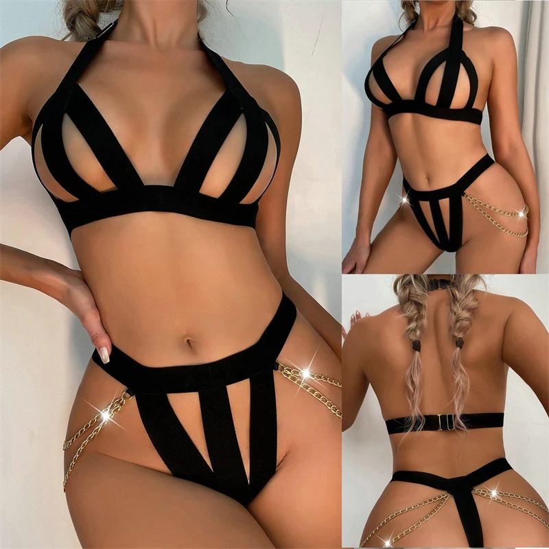 New Hot Underwear Set Women Transparent Bra Panty Exotic Lingerie Set Fashion Bra Set Bandage Metal Chain Sexy Underwear Set