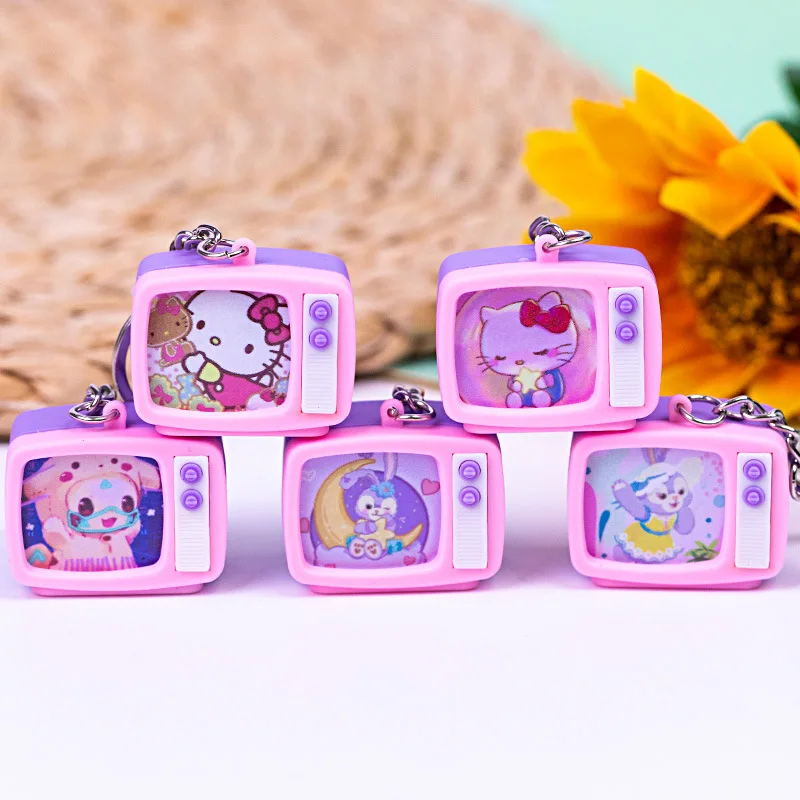 

Kawaii Hello Kittys Kirby Pikachu Led Sounding TV Model Keychain Toy Anime Kt Cat Keyring Girl Heart Backpack Pendant Girls Gift