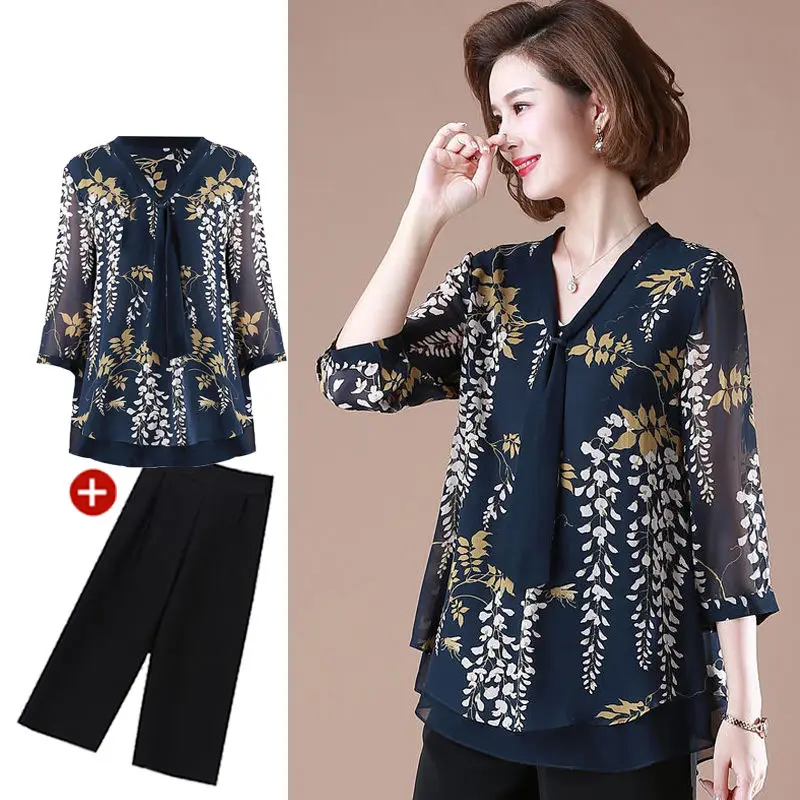 

Женский комплект из двух предметов, Повседневная рубашка из хлопка и льна с V-образным вырезом и бантом и свободные брюки с широкими штанинами, C46, на лето