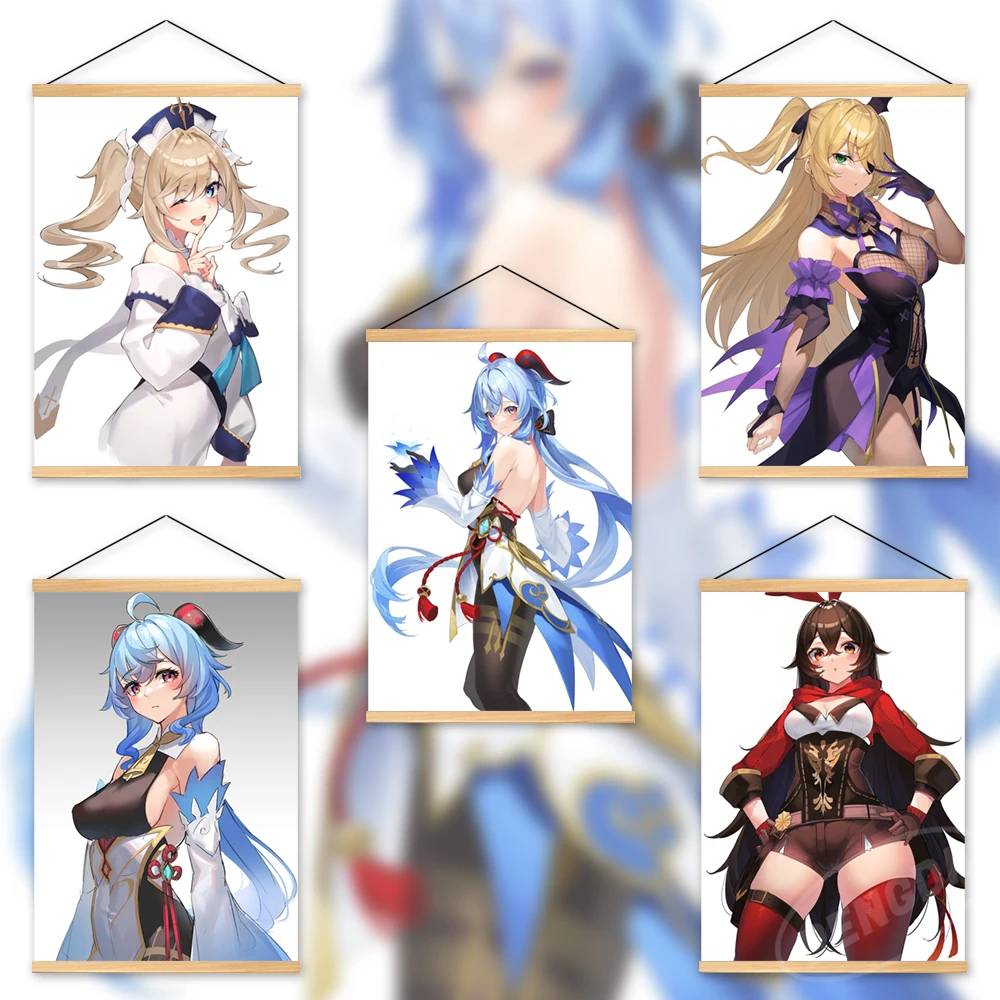 

Wall Gift Art Genshin Impact Canvas Game Pictures Ganyu Painting Amber Print Fischl Poster Keqing Hanging Wooden Mona Home Decor