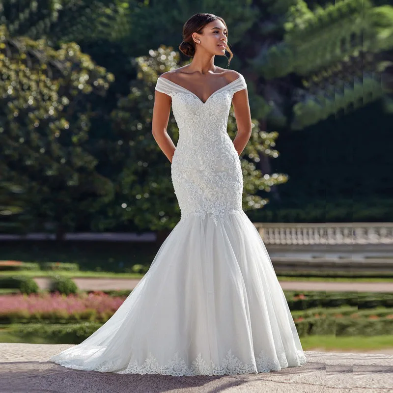 

VENSANAC Off the Shoulder Short Sleeve Tulle Mermaid Wedding Dress V Neck Lace Appliques Sweep Train Bridal Gown