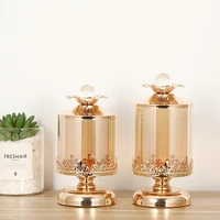 gold glass candy jar tall metal jewelry cotton swab box exquisite candlestick craft candy nuts storage jar bottle wedding decor