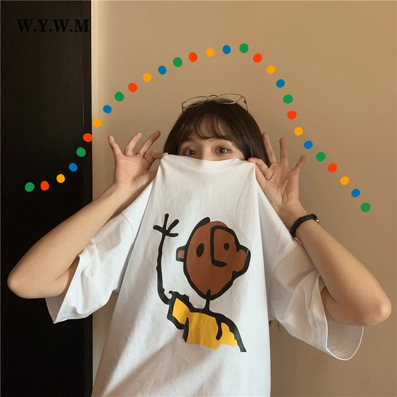 

WYWM Summer Funny Cartoon Printed Tshirts Women Harajuku Kawaii Hand-painted Character Graphic Tees Oversized Casual Female Tops