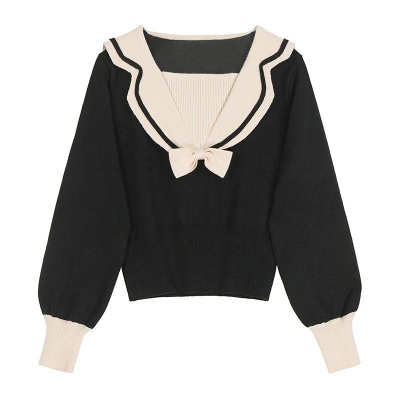 Autumn Elegant Vintage Sailor Collar Knitted Sweater Women Casual Long Sleeve Preppy Style Knitting Jumpers Ladies Sweater Tops