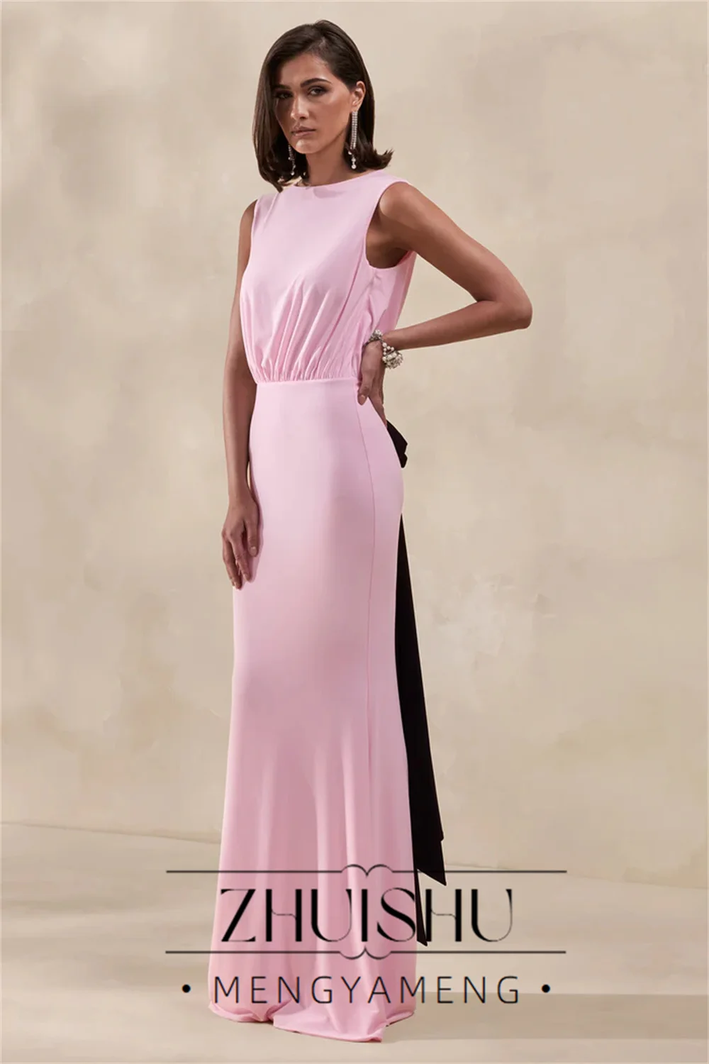 Фото Вечернее платье ZHUISHU Classic Pink Mermaid Bow для женщин, 2026, без рукавов, с кружевными складками, круглым вырезом, для вечеринок, на заказ №5