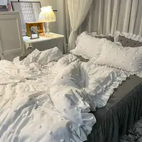 Two Types Luxury Small Fur Ball Lace Four-piece Bed Skirt Bed Sheet Duvet Cover Queen King Size Bedding Set with Pillowcases