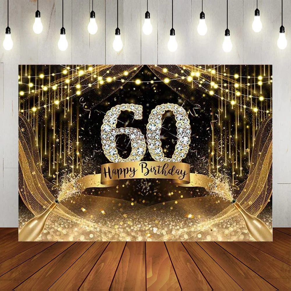 

Happy 60th Birthday Party Men Women Gift Backdrop Banner Black Gold Stars Balloons Years Anniversary Suppiles Background Poster