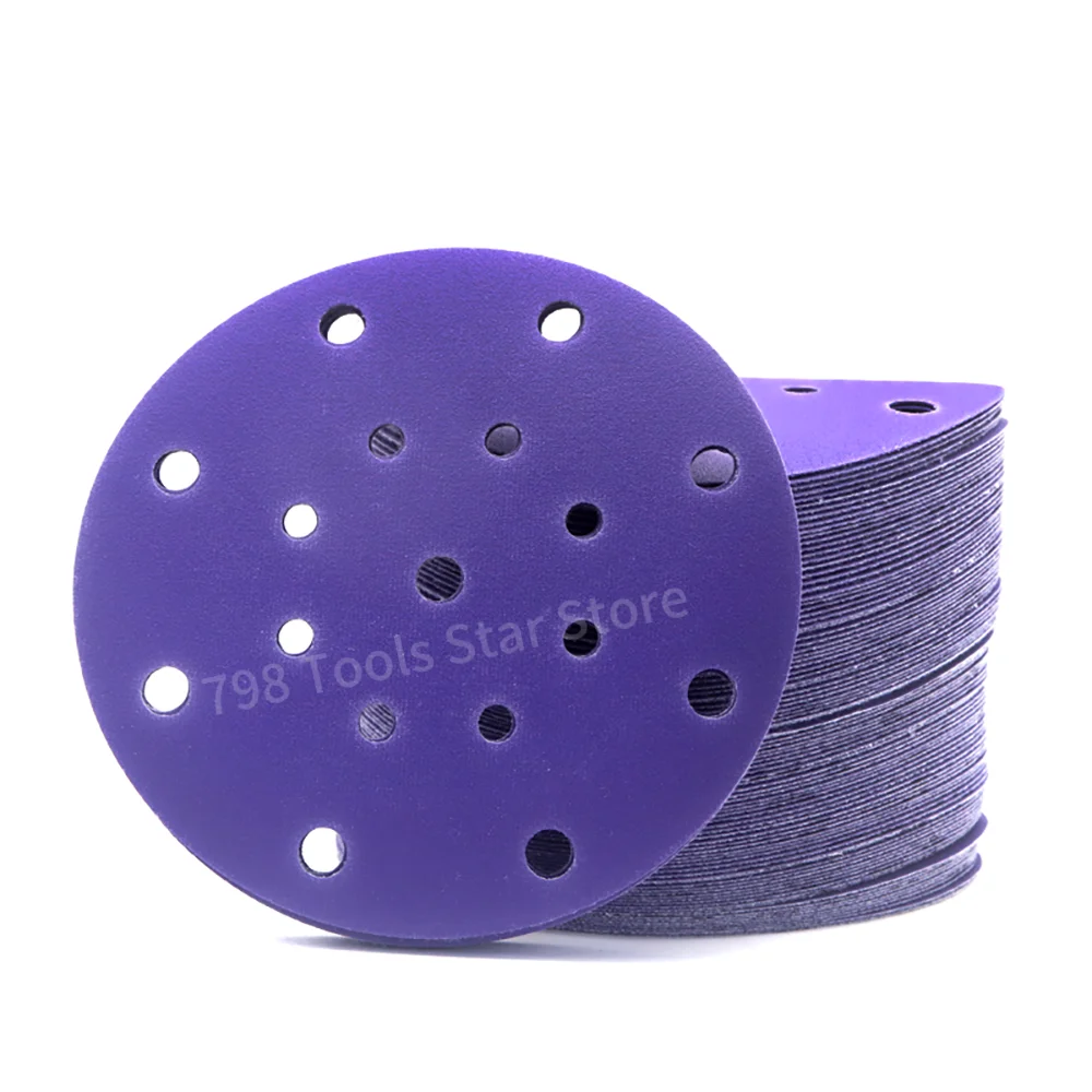 

50 шт., 6-дюймовый шлифовальный диск с 17 отверстиями на липучке, круглая фиолетовая наждачная бумага зернистостью 40-2000 для сухого шлифования, абразивная флокированная наждачная бумага