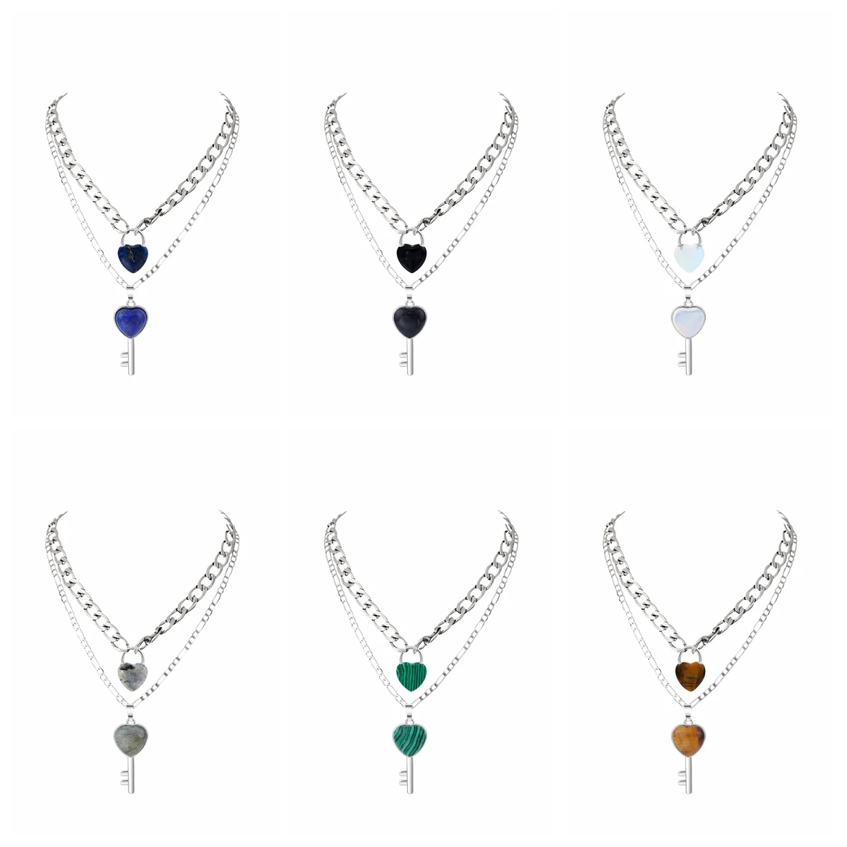 

Boho Double Layer Chain Necklace Sem Precious Stone Lock Key Pendant Women Romantic Chakra Healing Choker Jewelry Wholesales