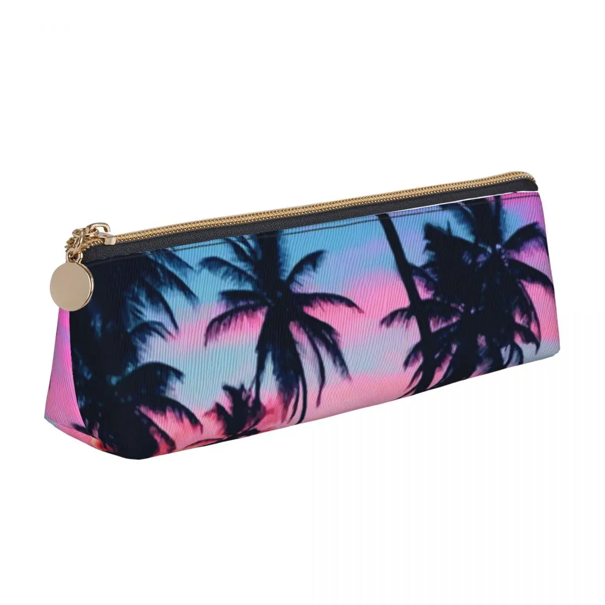 

Miami Sunset Triangle Pencil Case Palm Trees Print College Large Capacity Zipper Pencil Box Boy Girl Kawaii Leather Pen Bag