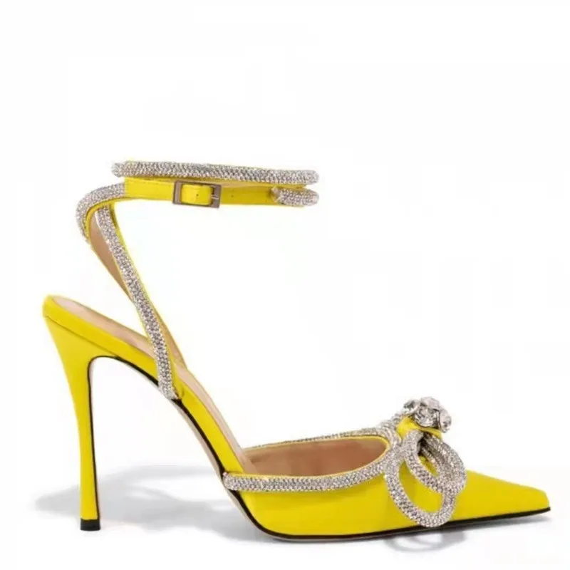 TSTCTB 2023 Woman Sparkly Bow Heels Fashion Bling Transparent Pointed Toes Sandals Elegant Slingback Crystal Female Party Pumps