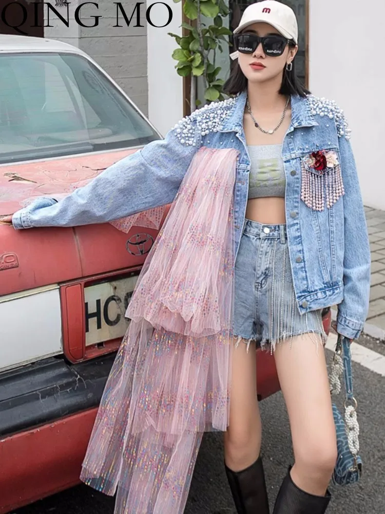 

QING MO Mesh Panel Inlaid Rhinestone Design Sense Denim Jacket Women 2023 Autumn New Loose Top Fashion ZXF3170