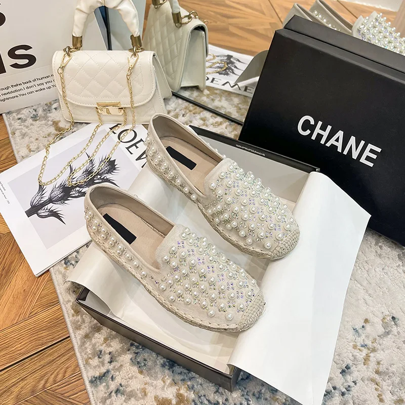 Women Oxford Straw Fisherman Shoes Ladies Flats Loafers Feminino Pearl Beaded Diamonds Espadrilles