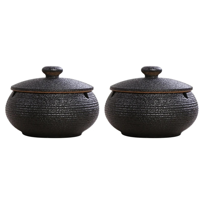 

2X Ceramic Ashtray With Windproof Lid For Indoor Outdoor Use -Black