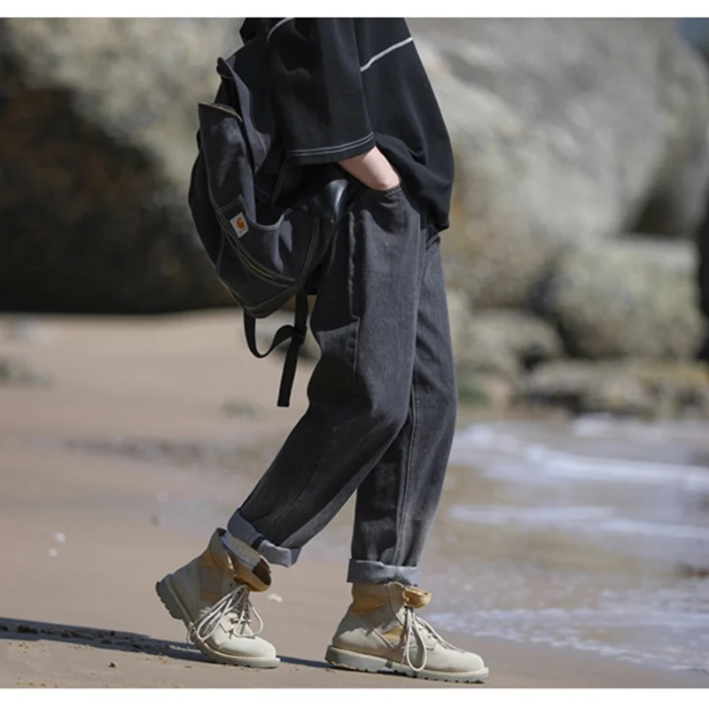 Men Clothing 2022 Autumn Winter New Vintage Versatile Comfortable Black Grey Harun Trousers Straight Loose Cylinder Jeans Female