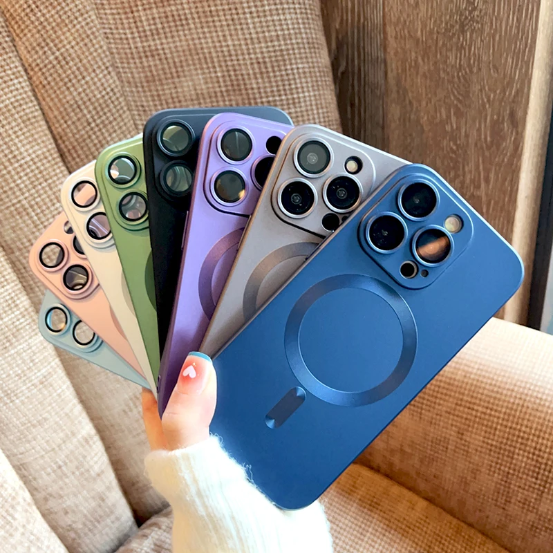 

Metallic Paint Plating Soft Silicone Magsafe Case For iPhone 14 13 12 Pro Max Mac Mag Safe Wireless Charge Case With Camera Lens