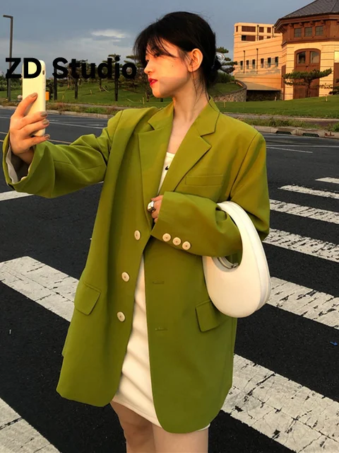 

[ZD Studio] Women Green Pockets Size Blazer New Lapel Long Sleeve Loose Fit Jacket Tide Spring Autumn 2023