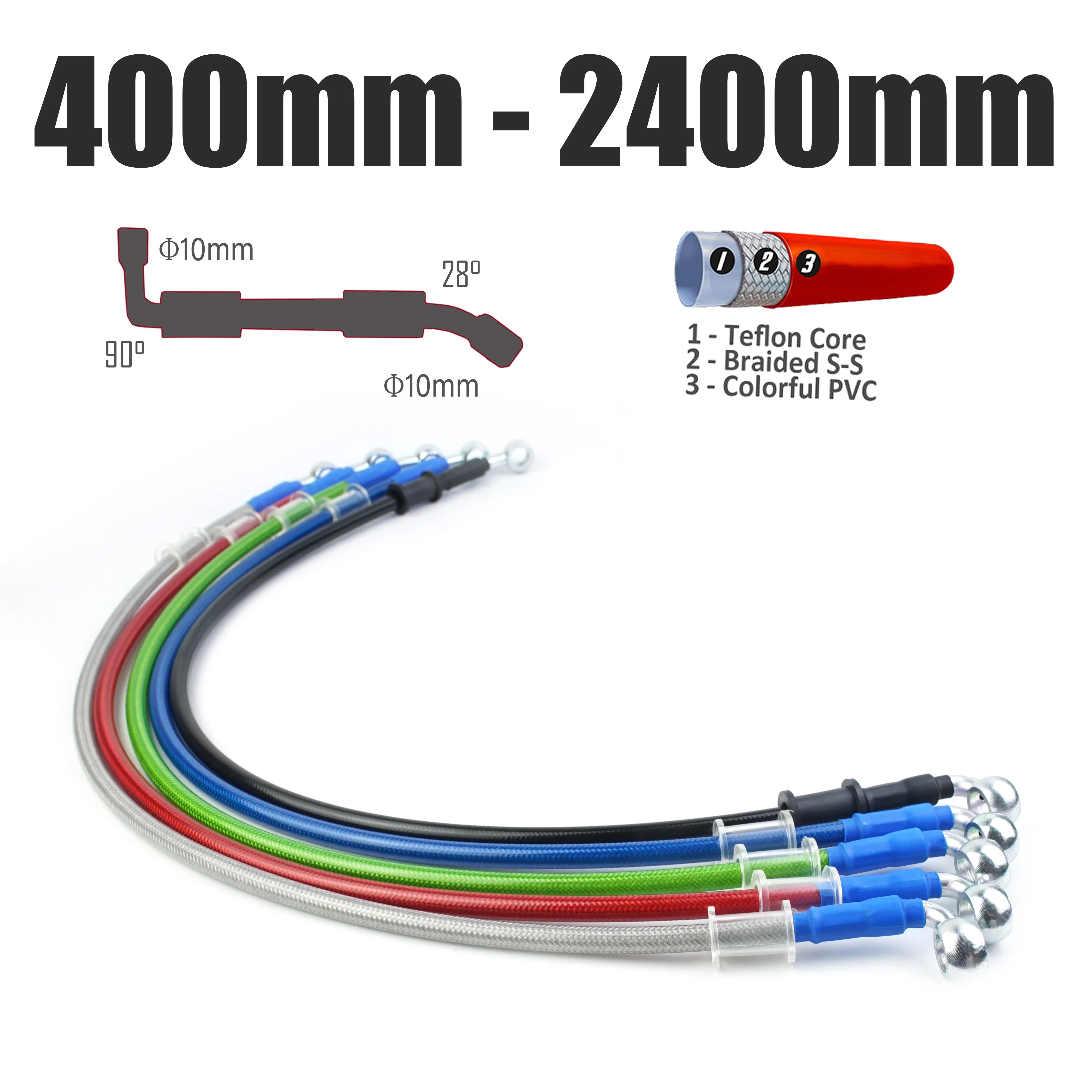 

M10 Banjo 90 28 градусов Мотоциклетный гидравлический тормозной шланг Трубка Кабель 400 2400 мм Труба Линия Стальная сетка Плетеный масляный шланг ATV