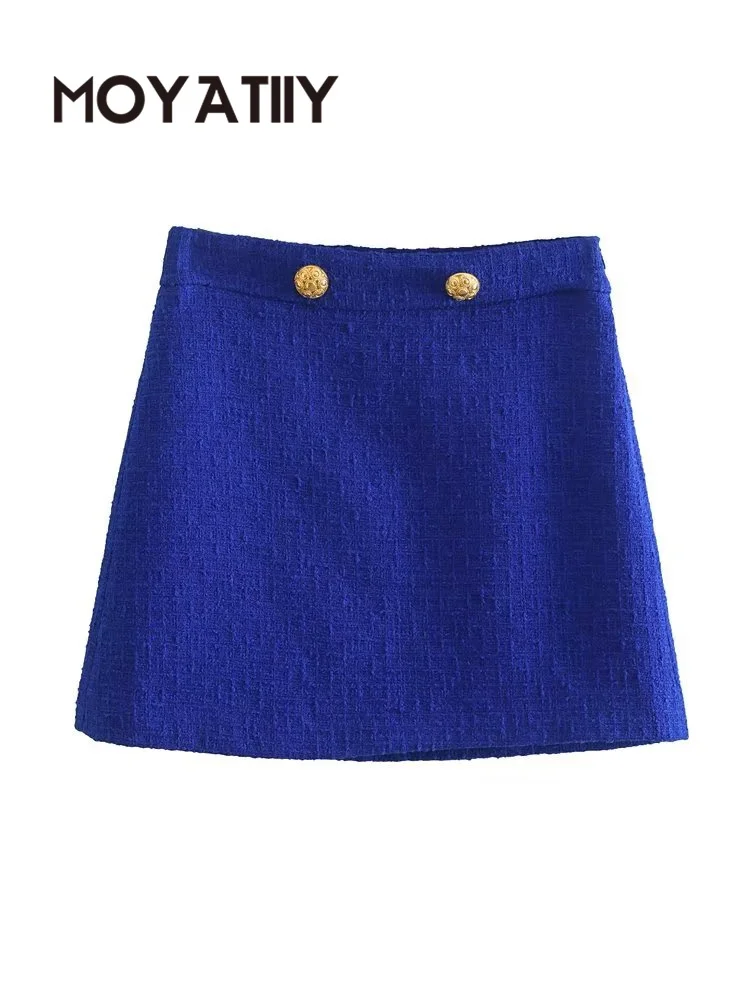 

MOYATIIY Women Blue Tweed Skirts Fashion Faldas Mujer Zipper Mini Skirt French Style Female Bottoms