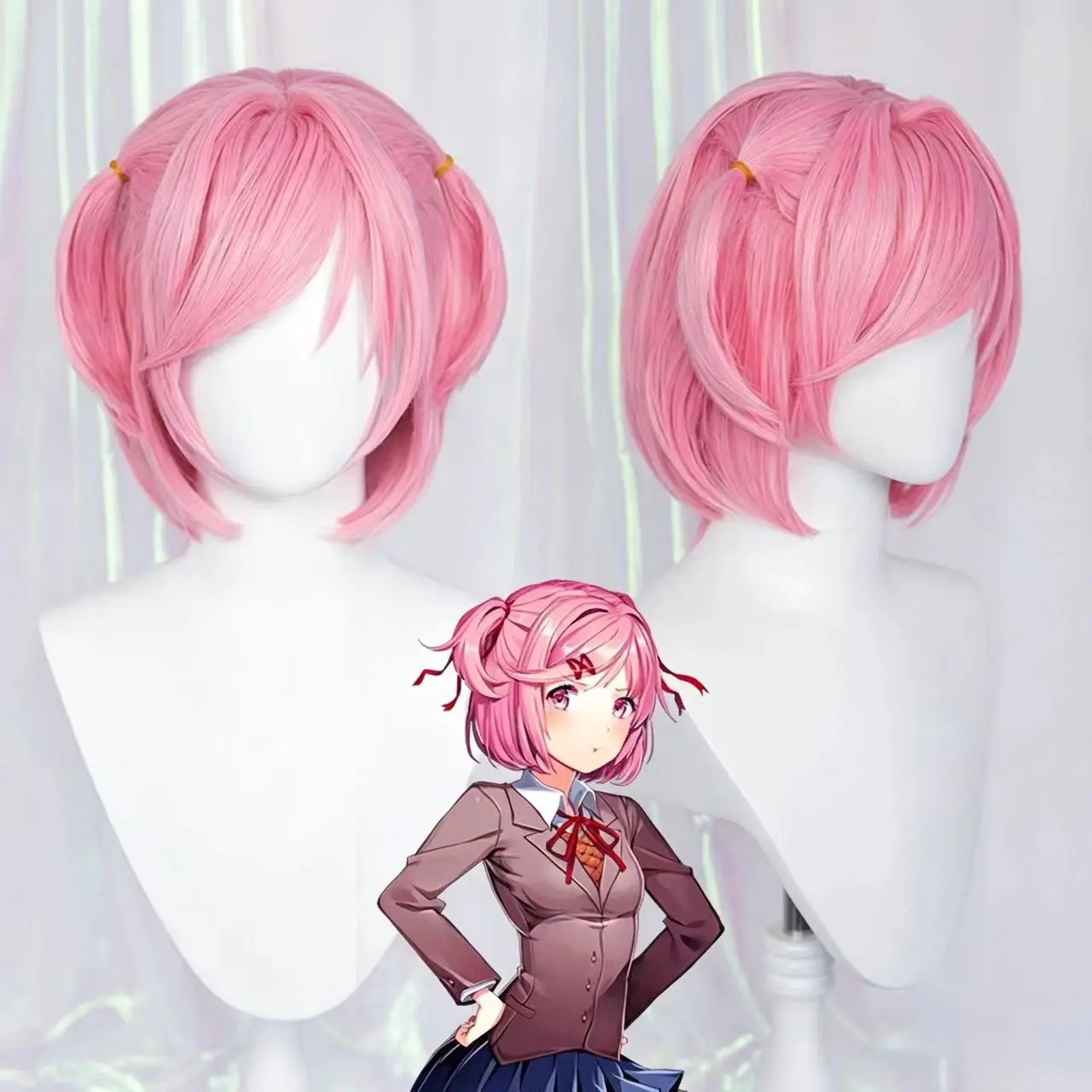 Фото Парик для косплея Натсуки из Doki Doki Literature Club, готовый к использованию, розовый, с двумя причесанными пучками, короткие волосы, не требует стрижки, для аниме-костюмов №1