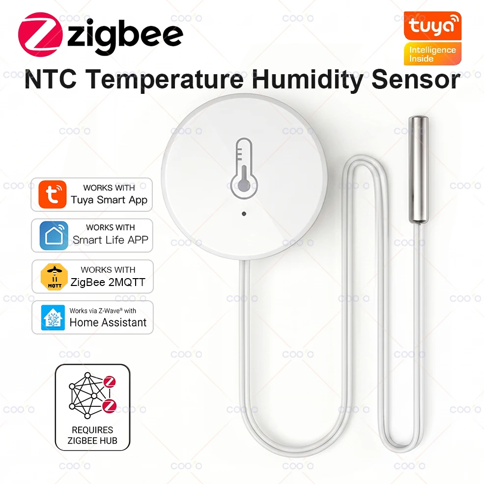 Фото Датчик температуры и влажности Tuya Zigbee NTC для бассейнов, ванн, холодильников, морозильных камер, измерения температуры жидкостей, совместимый с Z2M Smart Life Hub №1