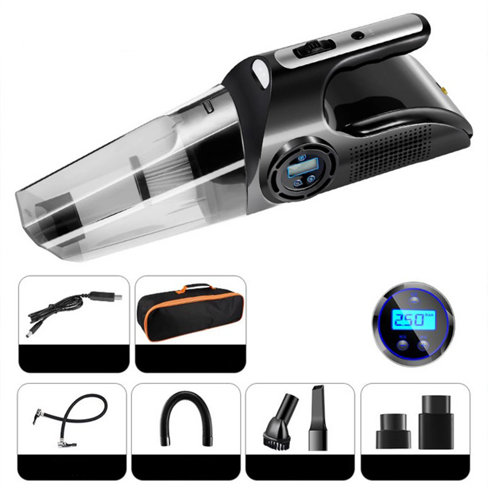 

Handheld Car Vacuum 4-In-1 120W 5000Pa Hand Vac Cordless Rechargeable Vacuum Cleaner With Tire Inflator LED Light For Car Home