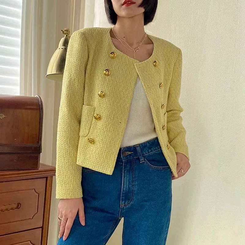 2023 New Arrival Fall Winter Womens Office Full Sleeve O-Neck Pockets Double Breasted Yellow Short Jacket Tweed Outerwear Coat