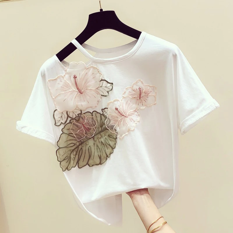 

Fashion Embroidery Women T-shirts 2022 Summer New O-neck Short-sleeved Solid Female Pulls Tops Tees Top Quality