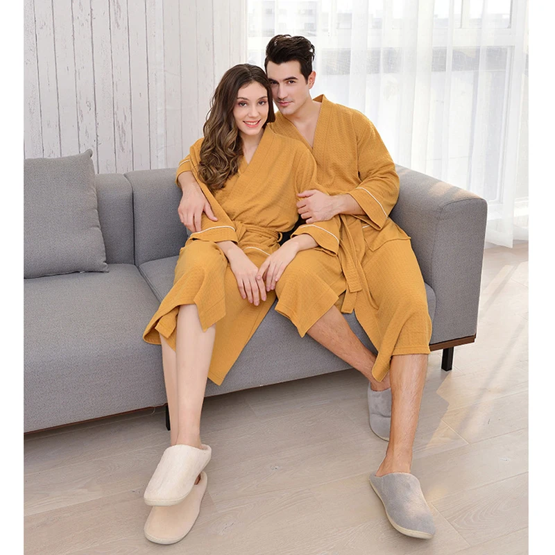 Waffle Unisex Bathrobe Cotton Spring Summer Three Quarter Sleeve Women Dressing Gown Solid Couple Robes With Sashes Bath Robe