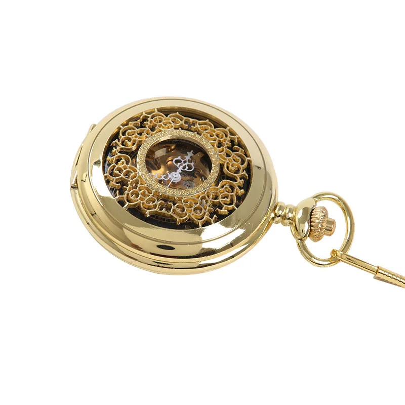 Luxury Gold Flower Mechanical Pocket Watch for Men Women Hollow Skeleton Case Roman Numerals Dial Man Fob Chain Pendant Clock