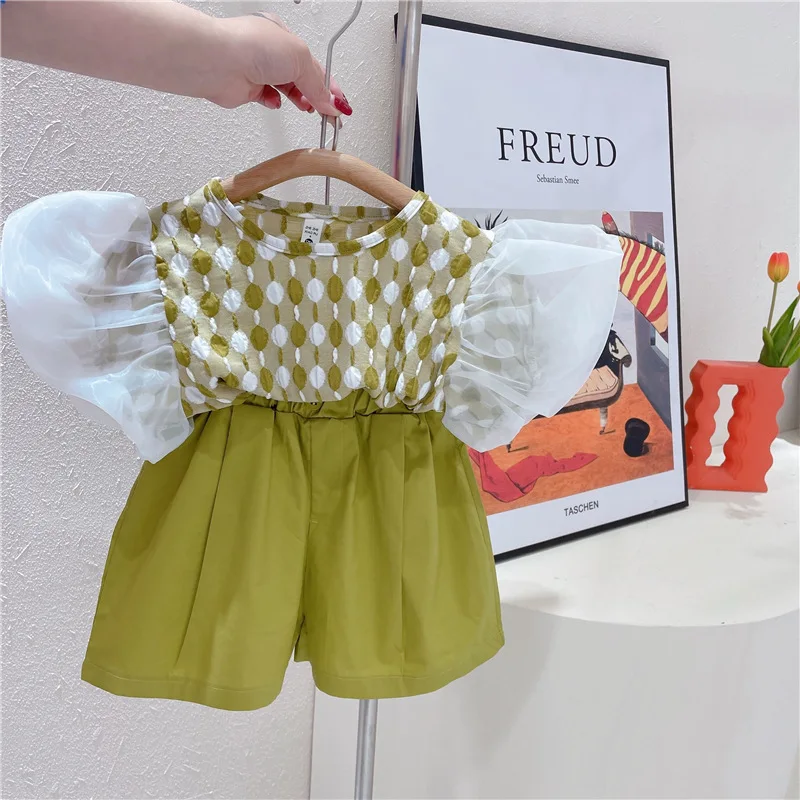 

KEAIYOUHUO New Korean Style Casual Fashion Kids Suits Puff Sleeve Shirt And Green Shorts Summer Children Clothes Girl Outfit 6Y