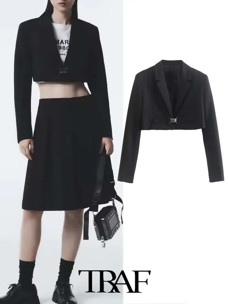 

TRAF Belted Plain Cropped Casual Women 2023 Casual Blazer Woman Office Female Suit Long Sleeve Jacket