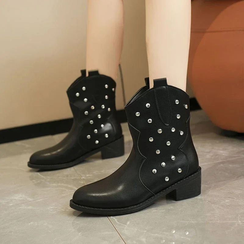 2024 новые женские ботильоны в стиле ретро кожаные ковбойские осенние зимняя обувь