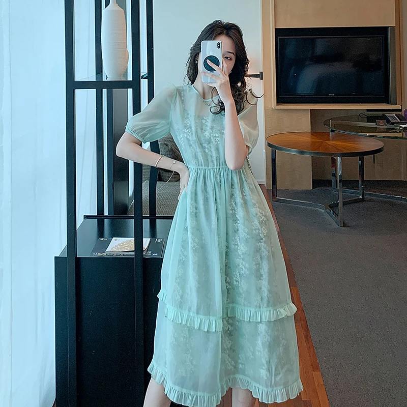 

Летнее платье COIGARSAM, новинка 2022, винтажные платья во французском стиле с цветочным принтом, зеленые, светло-серые, Прямая поставка