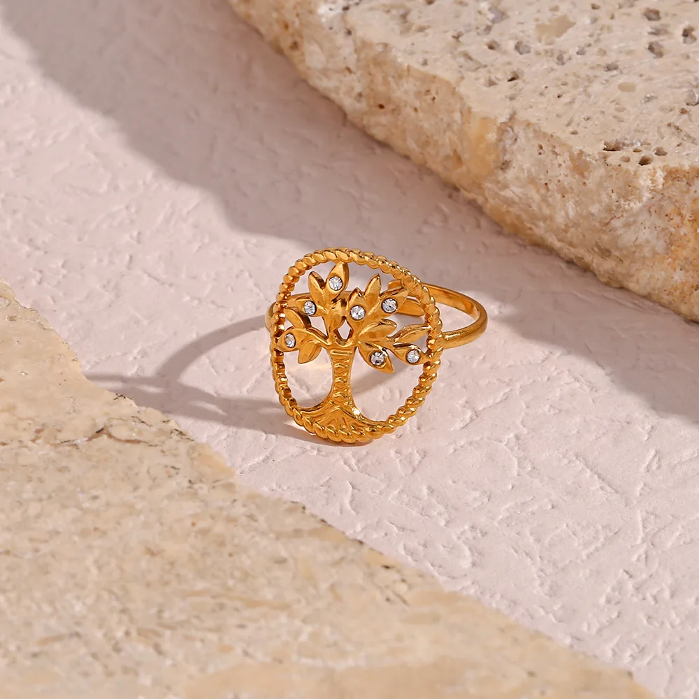 

G&D 316L Stainless Steel Tree of Life Adjustable Ring 18 K Gold Color Finger Rings for Women Girl Trend Jewelry Anniversary Gift