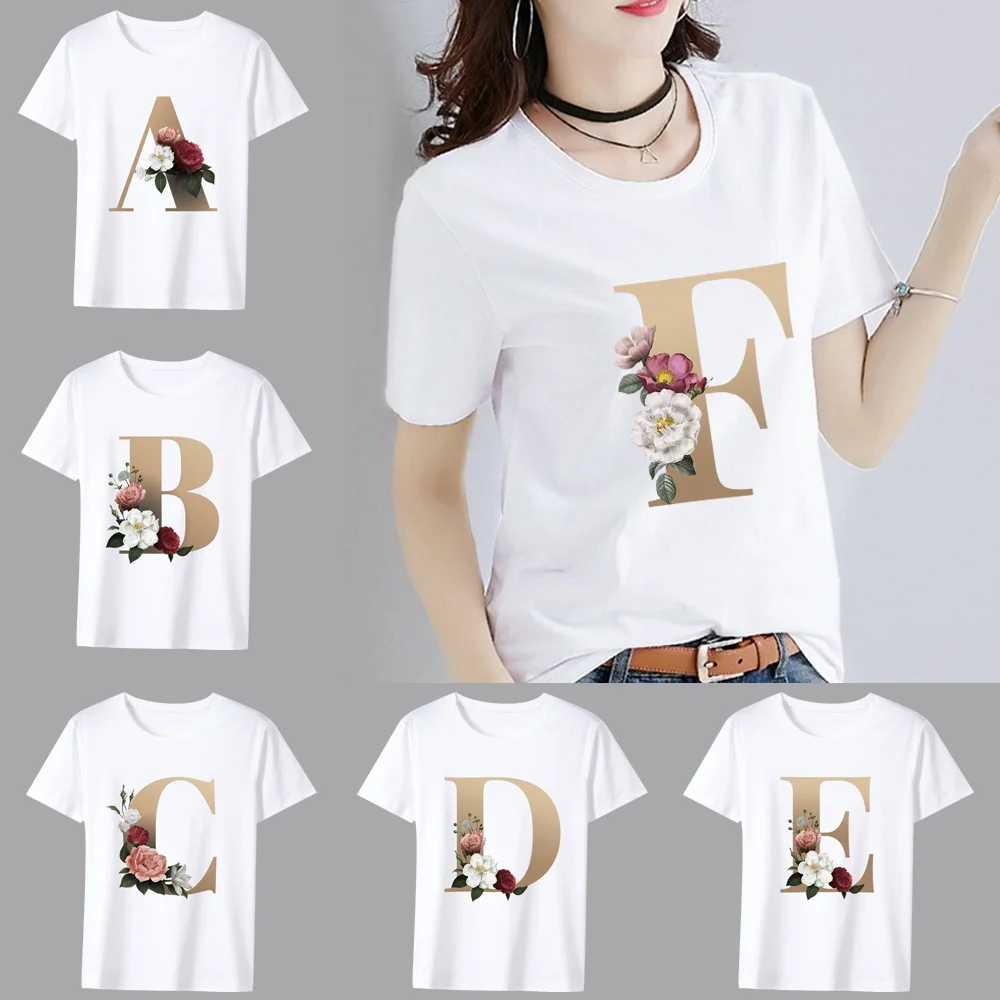 

T-Shirt Women White Print Summer All-match Female Short Sleeve Tops Flower 26 Alphabet Pattern Series O-neck Tee Women's Clothes