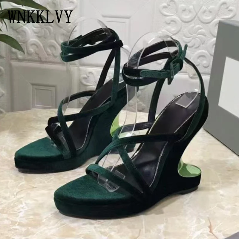 

Runway Wedges Sandals Women 2022 Summer Solid Sexy Peep Toe Pumps One Word Buckle Thin Belt Super High Large Size Party Sandals