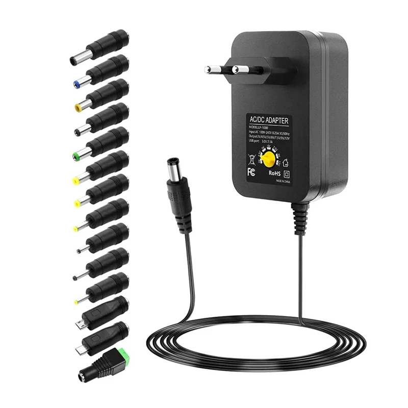 

Универсальный адаптер переменного/постоянного тока 30 Вт, импульсный источник питания с 14 наконечниками адаптера и USB-разъемом для оборудования 3-12 В, вилка европейского стандарта