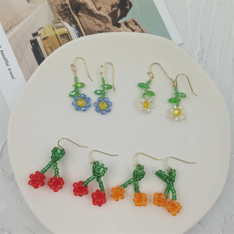 

Millet Beads Handmade Beaded Cherry Flower Weave Earring