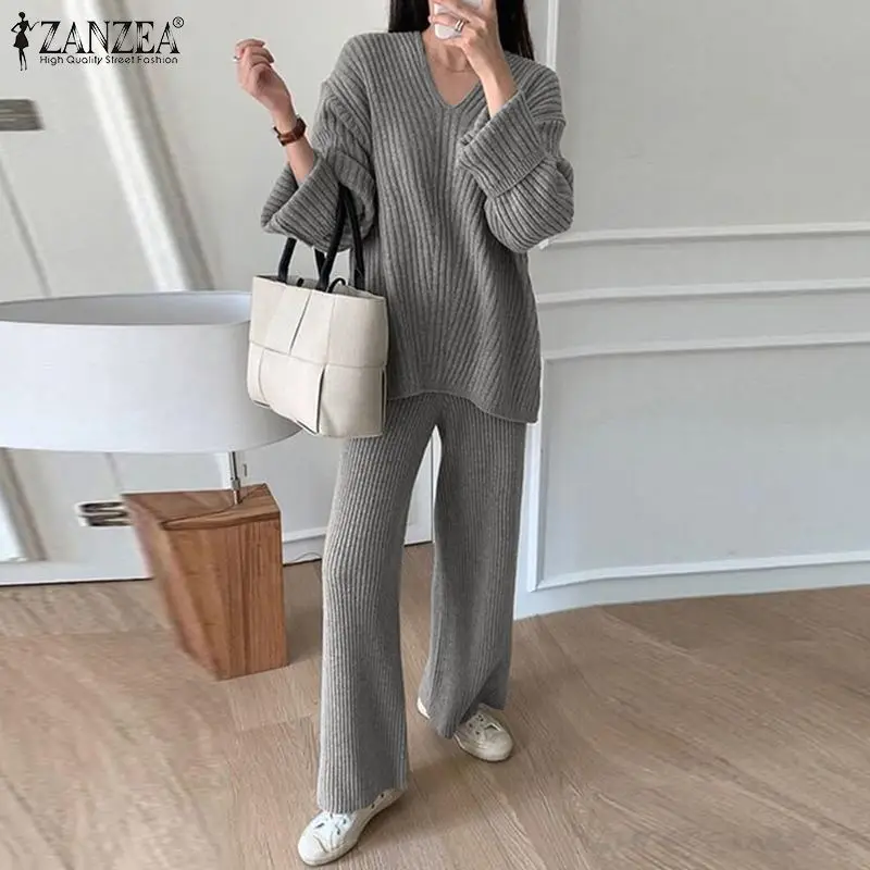 

Элегантная блузка с v-образным вырезом и длинными рукавами, комплект из 2 предметов, женские вязаные комплекты, ZANZEA, модный весенний Городско...