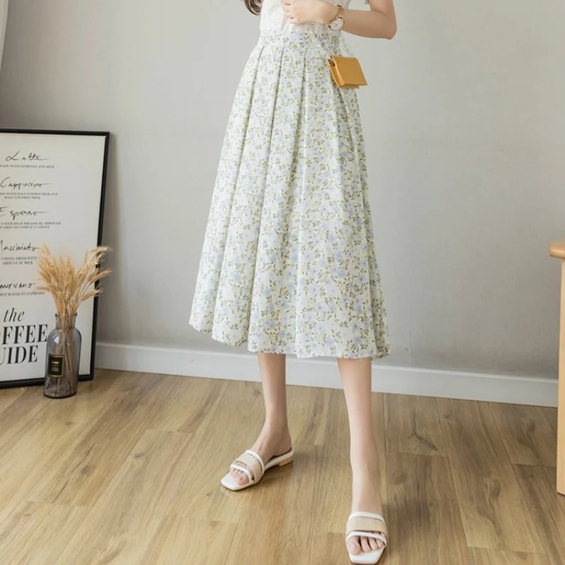 

Floral Print Casual Long Skirt for Women Summer Holiday Style High Waist Pleated Skirts A-line Fashion Ladies Casual Streetwear