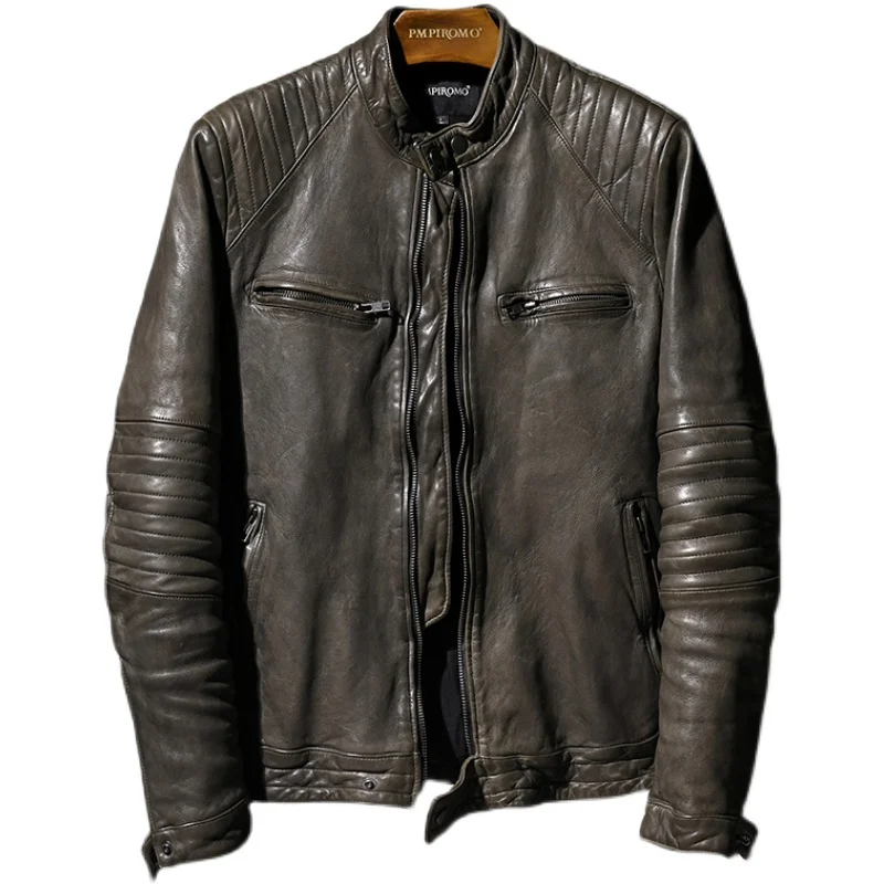 

tanned Free shipping.Brand new.CC luxury sheepskin jacket,Cool Rider vintage genuine coat.slim brown leather cloth