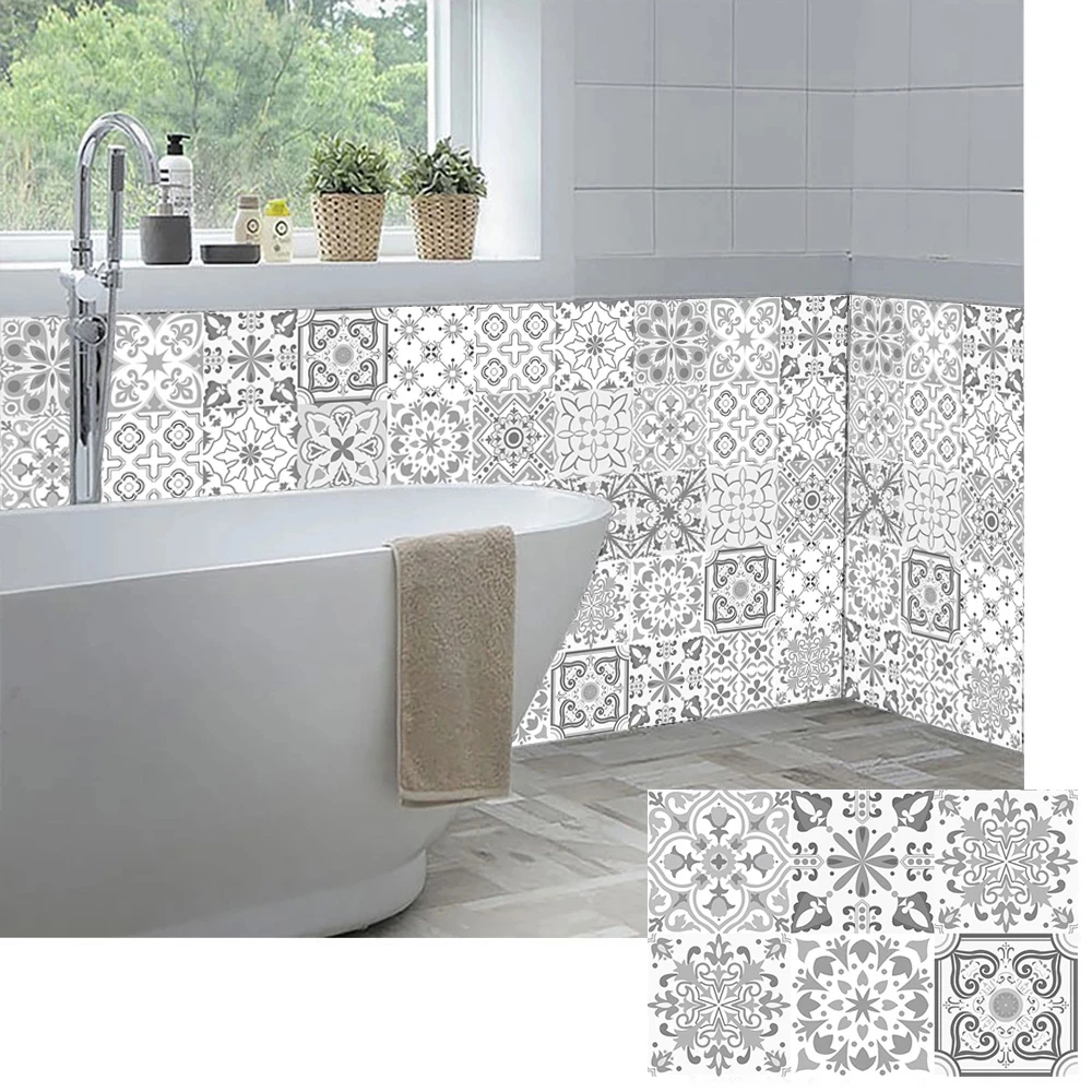

10/15/20cm Light Gray Strip Tiles Wall Sticker Bathroom Kitchen Tables Decoration Wallpaper Peel & Stick Waist Line Art Mural