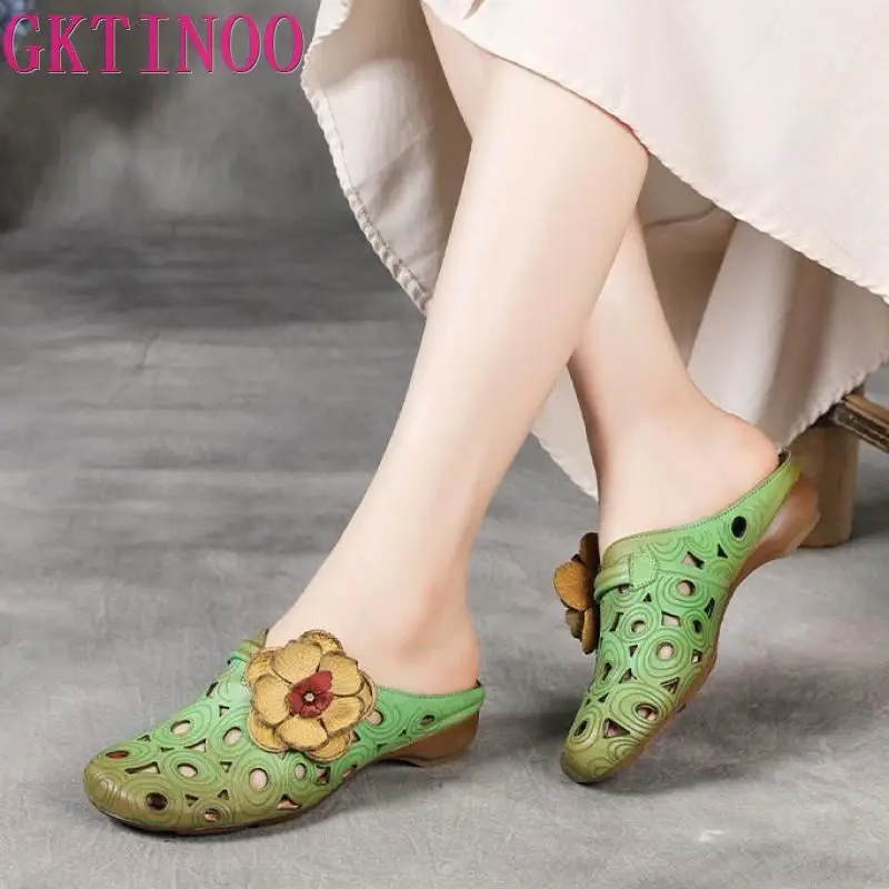 

GKTINOO 2022 Summer Shoes Women Slippers Floral Genuine Leather Outside Slides Retro Hollow Flat With Concise Ladies Slippers
