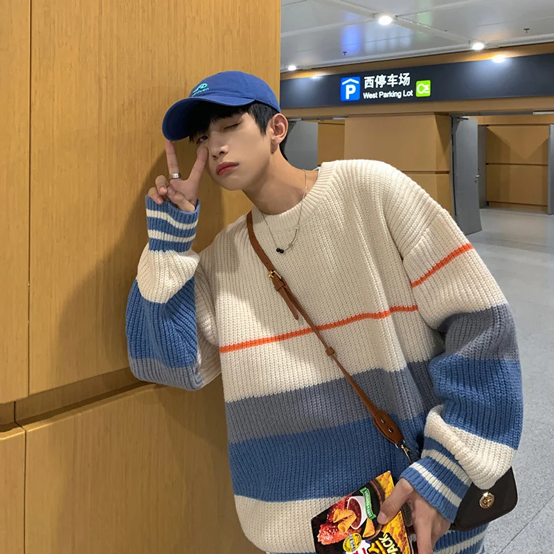 Men' Color-blocking Sweater Coat Versatile Lazy Style Thickened Round Neck Striped Sweater Autumn and Winter Fashion Brand Loose