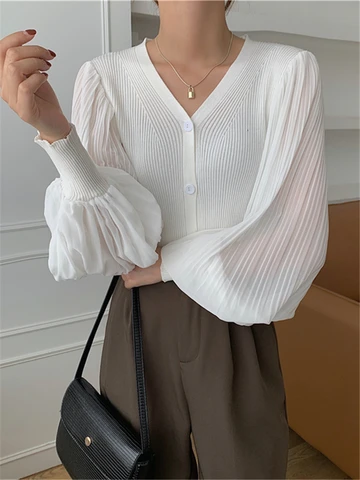 Женская шифоновая блузка с V-образным вырезом и рукавами-фонариками
