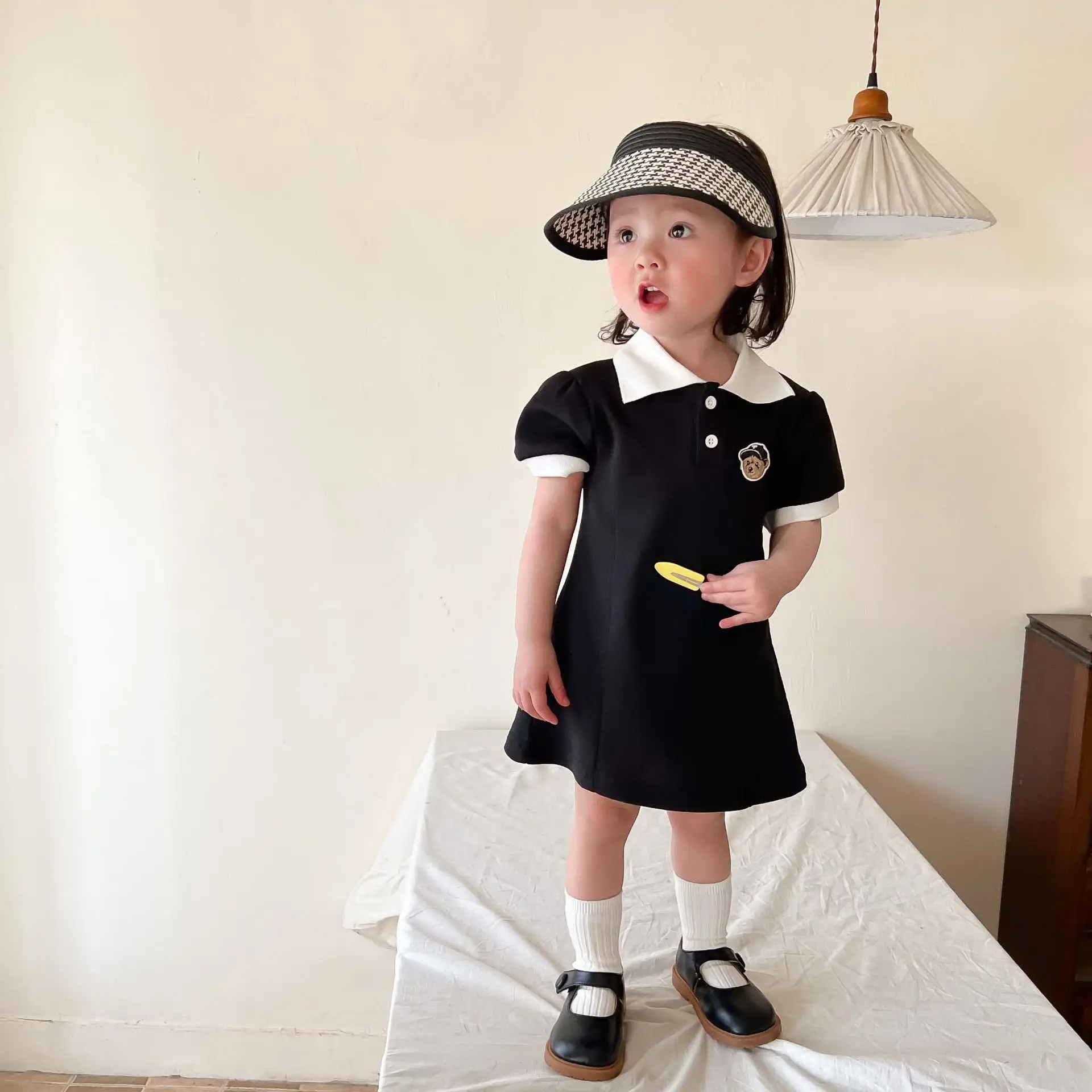 

Girls Black Bear Skirt A-line Cotton Skirt Dress Summer Children's College Style Skirt Baby Clothes Baby Photo Props Clothing